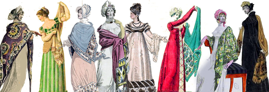 Regency fashion plates shows women in shawls from 1802-1818