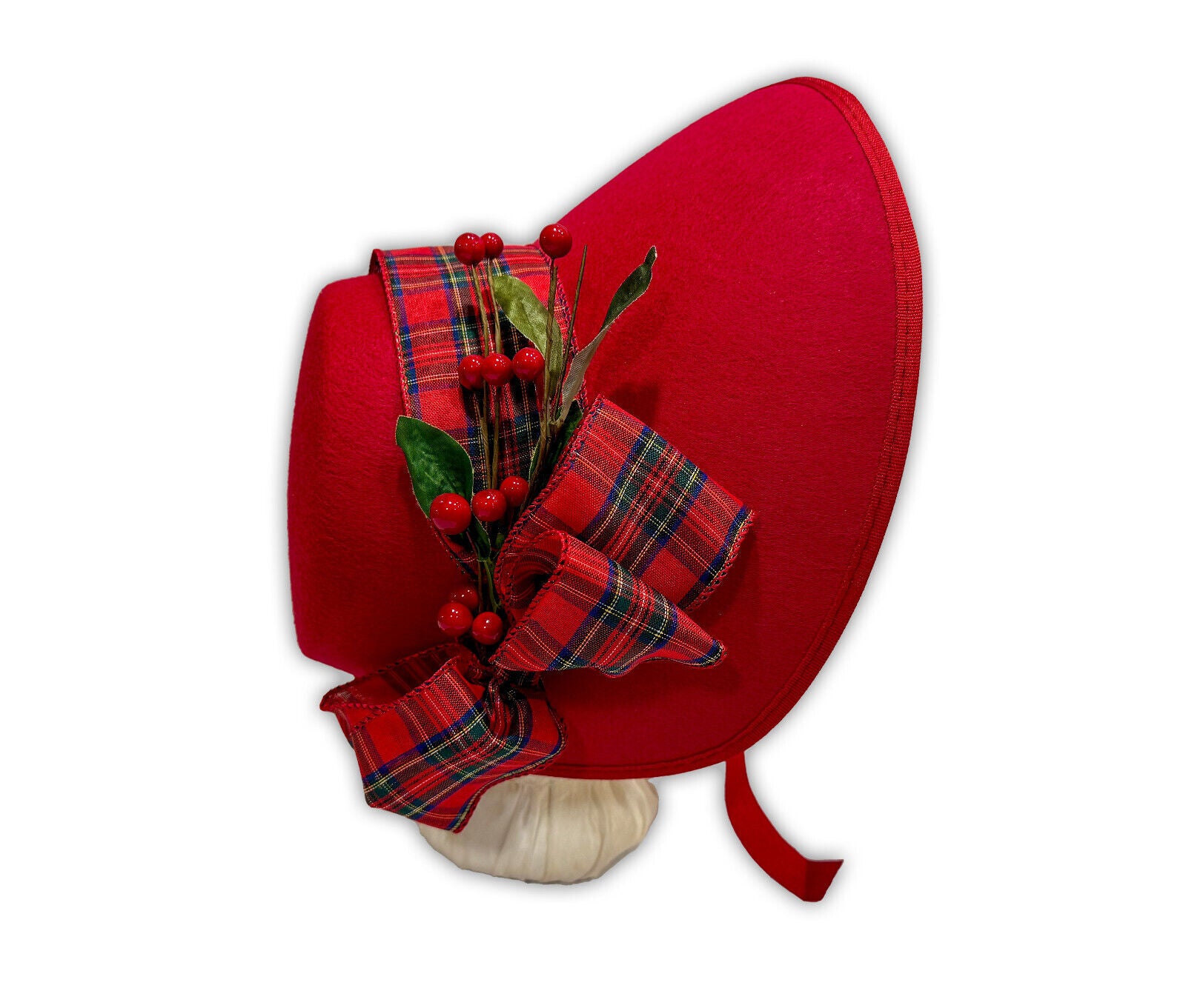 Austentation Regency Victorian Caroler Style Felt Bonnet Tartan Ribbon & Berries