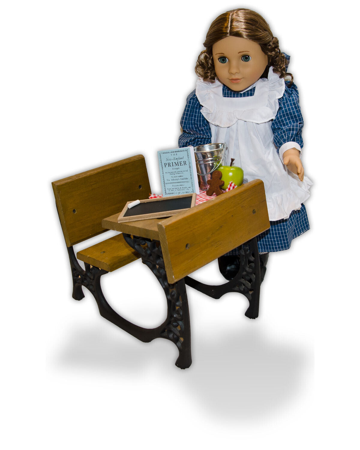 Pioneer School Pain Lunch set for 18" Doll: Primer, Slate, Apple, Cookie, Pail