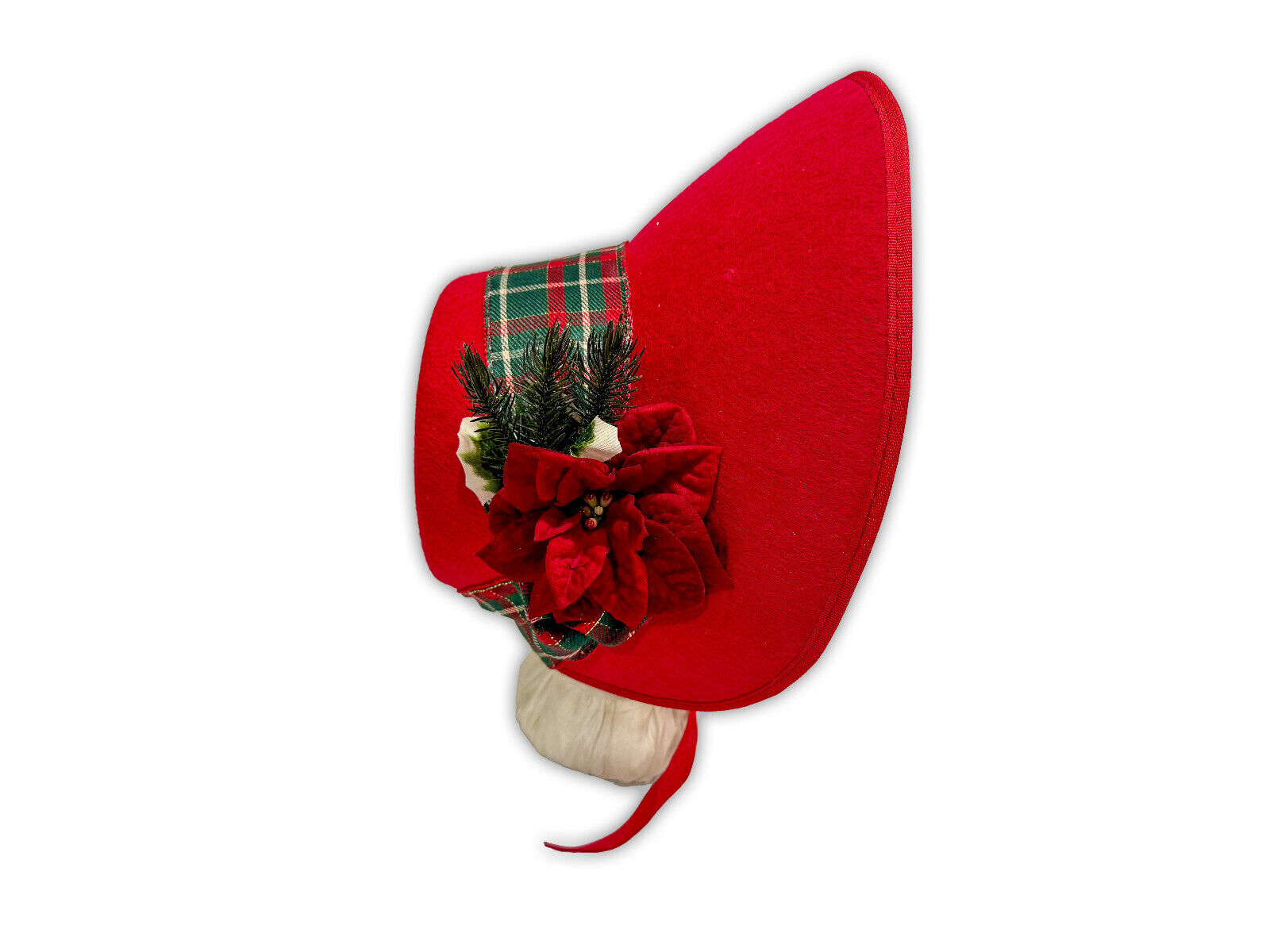 Austentation Regency Victorian Caroler Style Felt Bonnet Plaid, Pine, Poinsettia