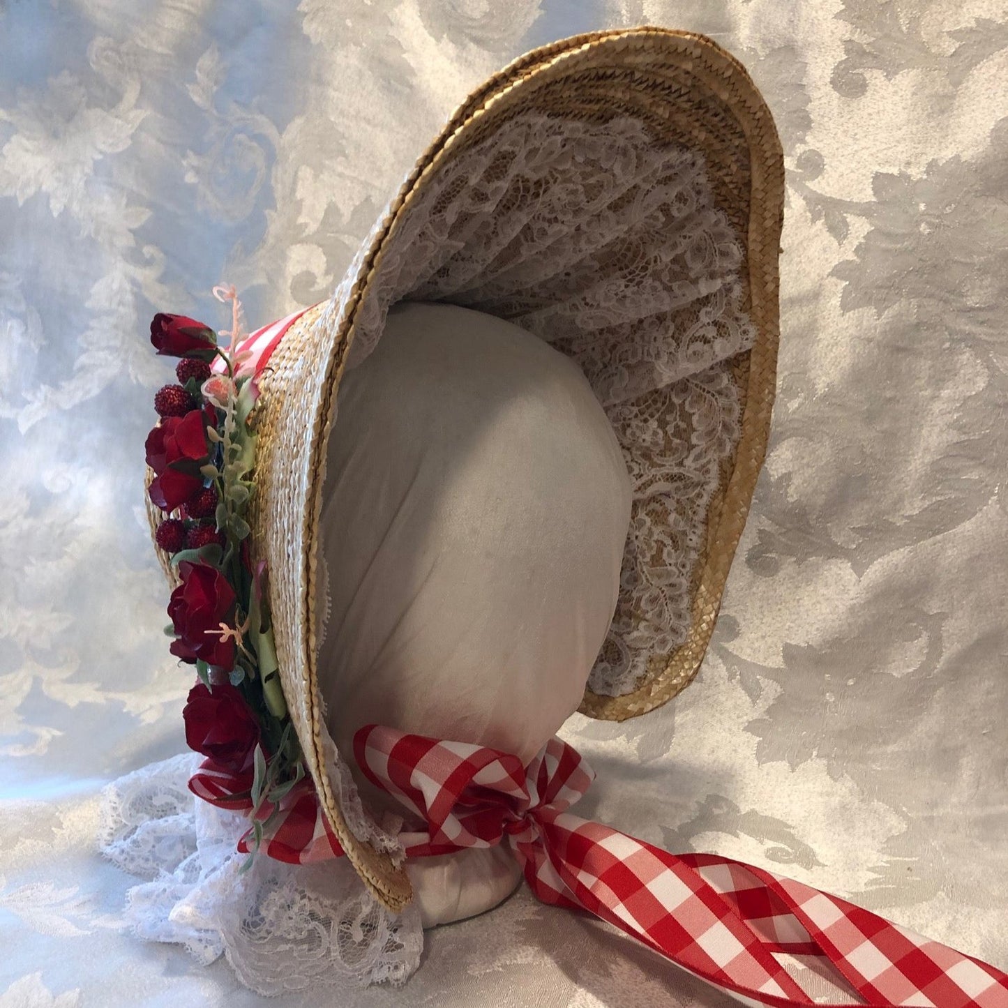 OOAK Red Roses High Crowned Victorian Spoon Bonnet