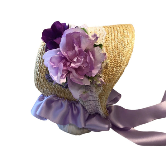 custom one of a kind austentation civil war bonnet with vintage trim and lavender ribbons and flowers