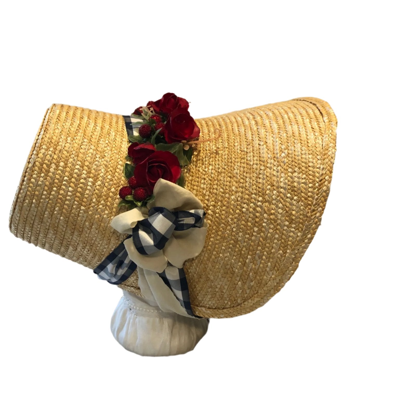 Regency style Poke bonnet with navy and white and tan ribbons  and red roses. Based on an similar bonnet in Emma.