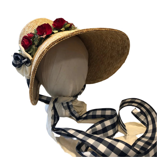 Regency style poke bonnet with two ribbons and red roses.