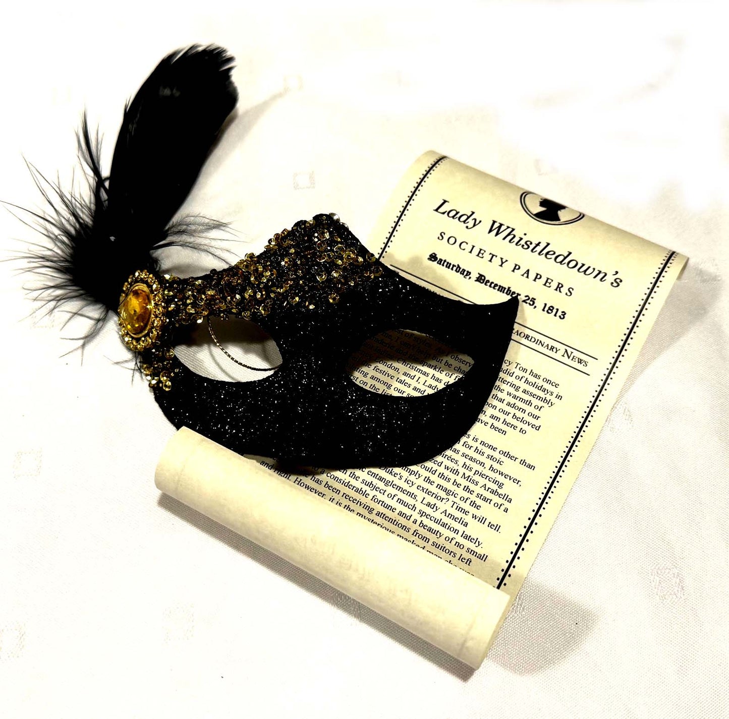 Austentation  masquerade mask holiday ornament with mr malcolm's list, pemberley ball invitation or lady whistledown society papers