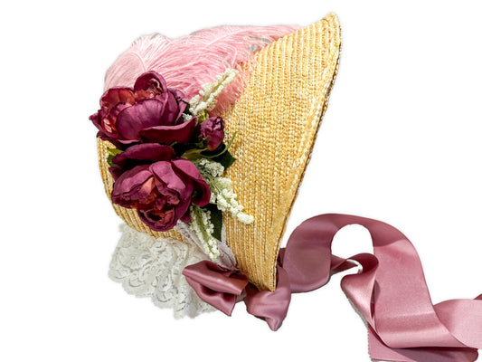 pink and white victorian civil war spoon bonnet with roses, vintage lace and pink feathers. 