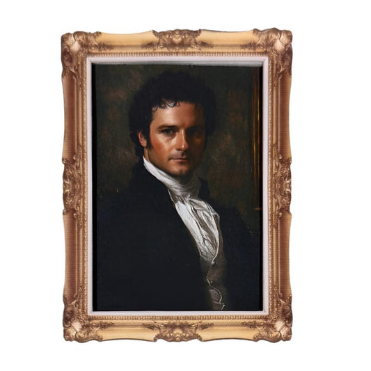 Paper magnet of Fitzwilliam Darcy as a young man similar to the one hanging in Pemberley's portrait Gallery in Jane Austen's Pride and Prejudice.