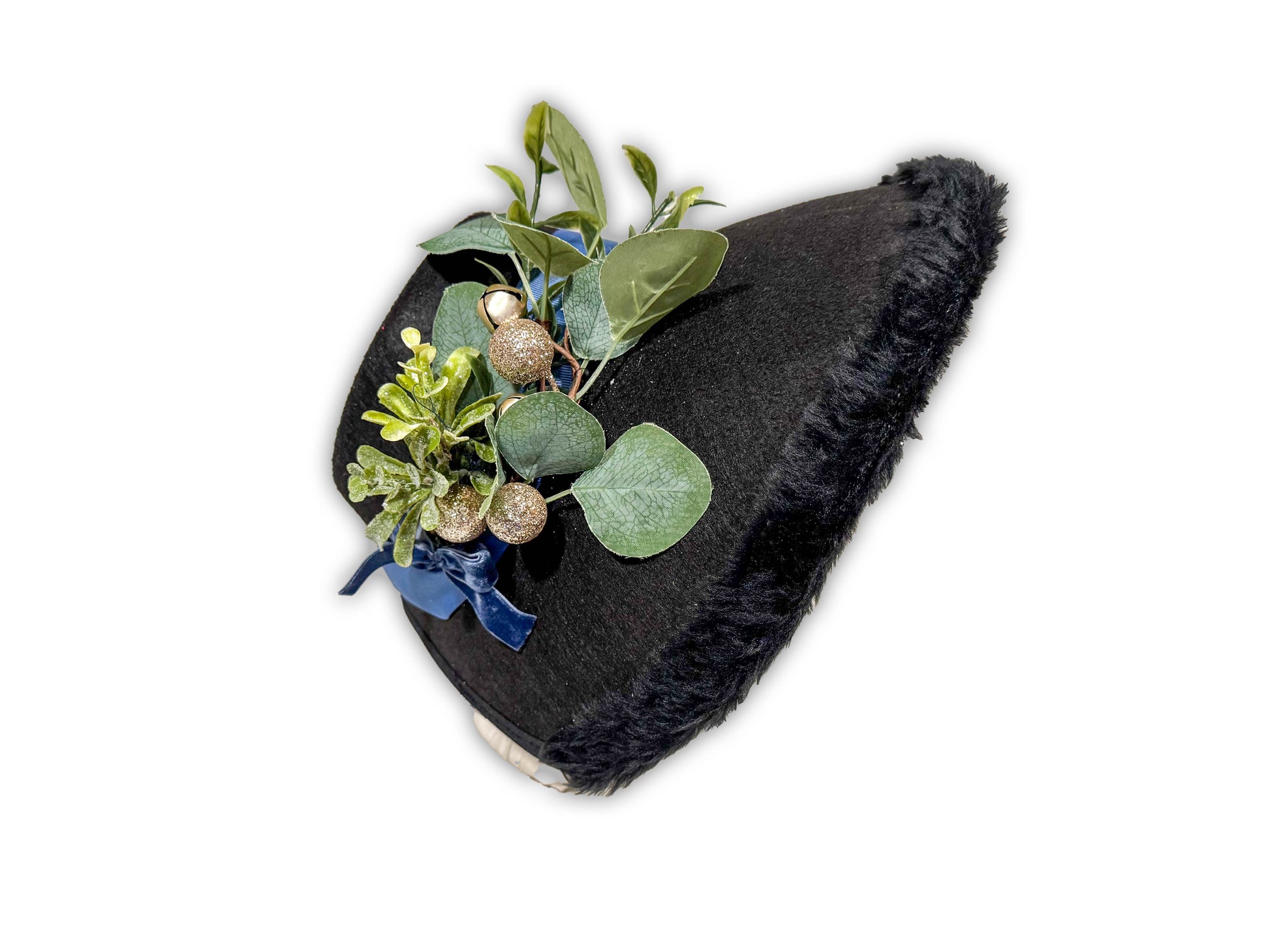 black and blue Victorian caroler bonnet with greenery and bells by Austentation