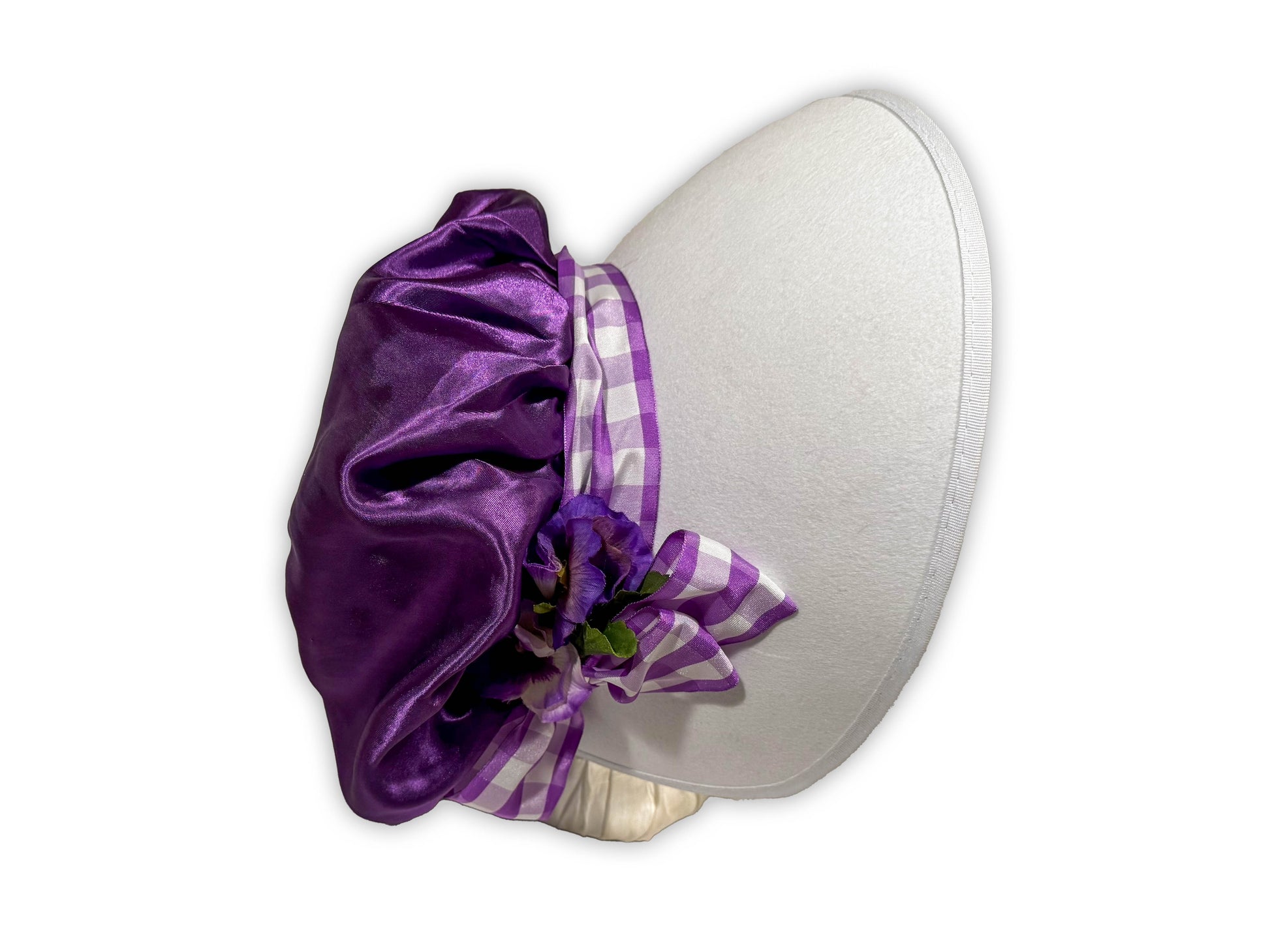 Austentation satin, lace and felt spring bonnet with panseys for Regency/Victorian/Lafayette 