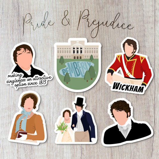 Custom Jane Austen Pride and Prejudice Vinyl Waterbottle Stickers, Hand drawn