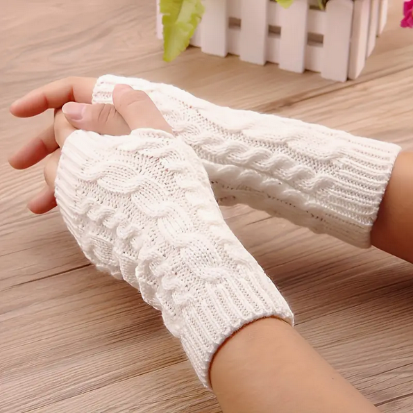 Warm Winter Sweater Knitted Half Mitt Gloves: Ivory