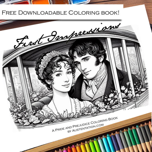 Austentation presents a free download PDF coloring book of Jane Austen's Pride and Prejudice with Mr. Darcy and Elizabeth Bennet