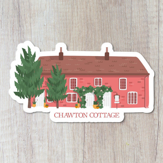 Austentation Exclusive Vinyl Water bottle sticker of Jane Austen's Chawton Cottage home in England hand drawn