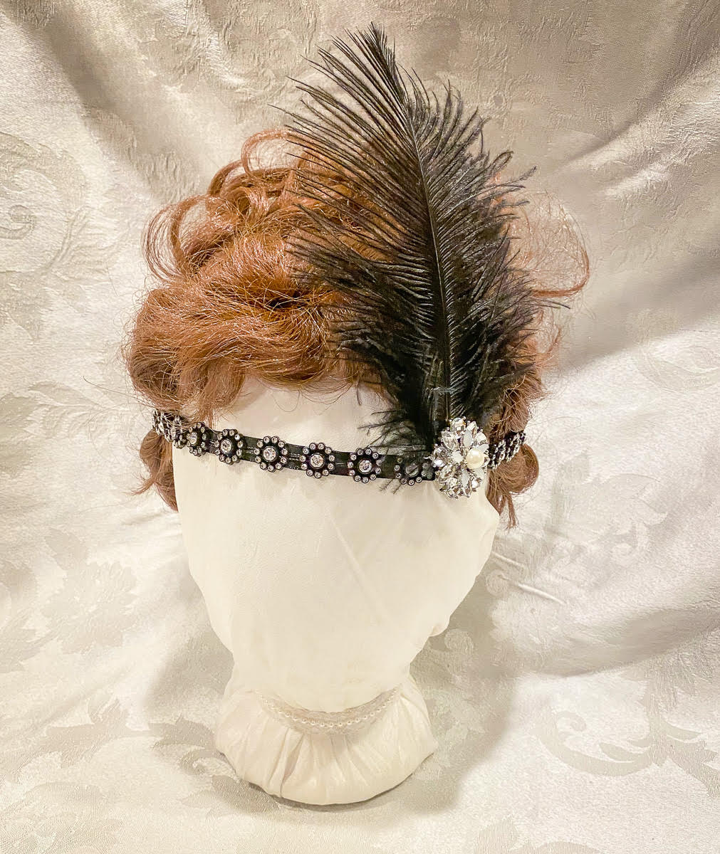 Black Jeweled Headband with Ostrich Plumes