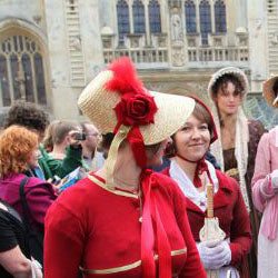 Eliza: Regency Poke Bonnet with ribbons, flowers, & feathers