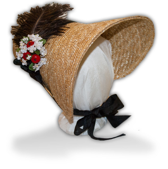 Eliza: Regency Poke Bonnet with ribbons, flowers, & feathers