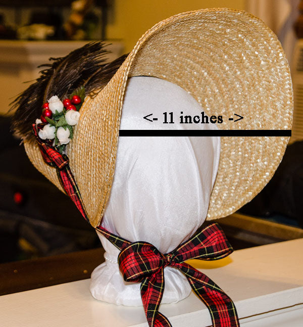 Eliza: Regency Poke Bonnet with ribbons, flowers, & feathers