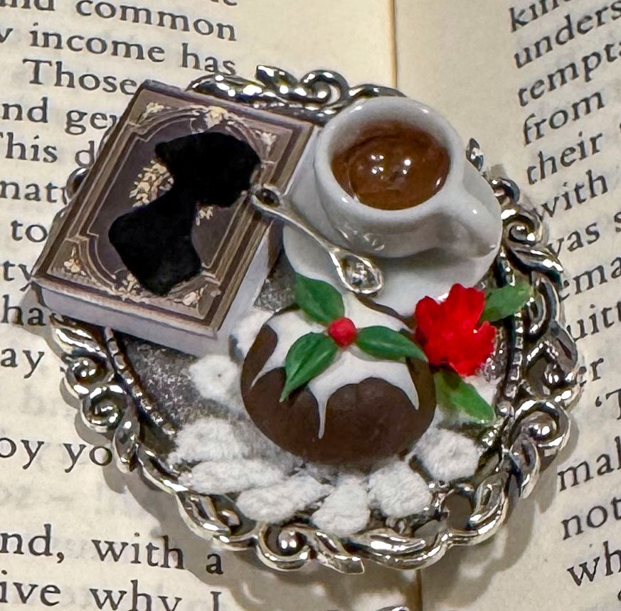 Austentation exclusive miniature tea tray christmas ornament with christmas pudding, tea, Jane Austen novel and flower