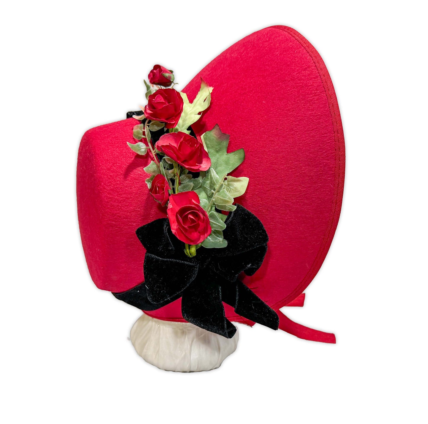 Choose your color felt victorian Christmas caroler bonnet with velvet ribbon and roses